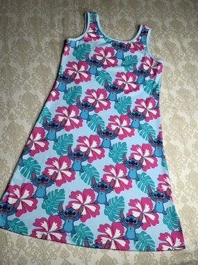 Disney Stitch Toddler Tank Dress PatPat 9-10 Blue Tropical Floral A-Line